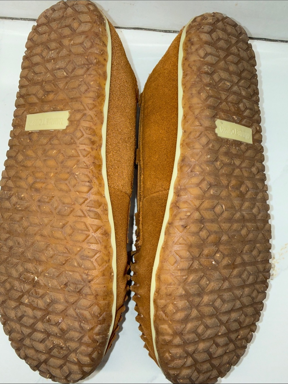 Minnetonka Suede Moccasins with Aztec Patterned Wool Top - Rust, Navy & Tan - Picture 4 of 5
